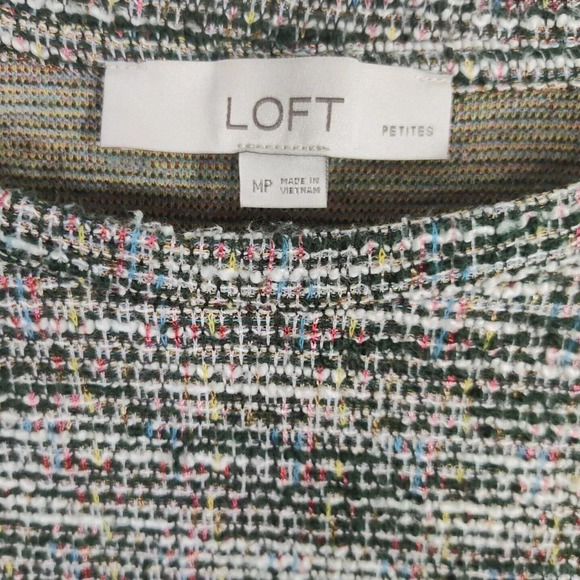 Loft Green Multi-color Tweed Top Women Petite Size MP Long Sleeve Elastic Hem - Picture 3 of 6